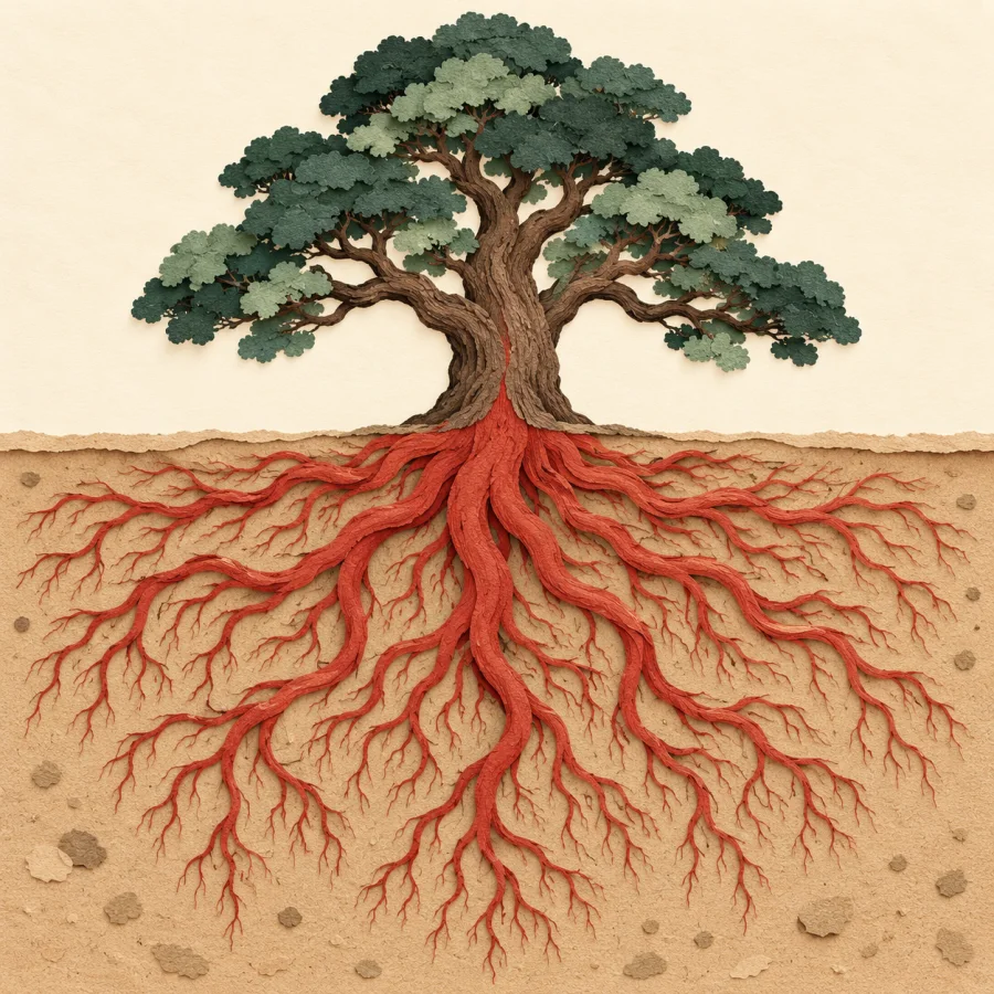 An old tree with huge roots deep underground