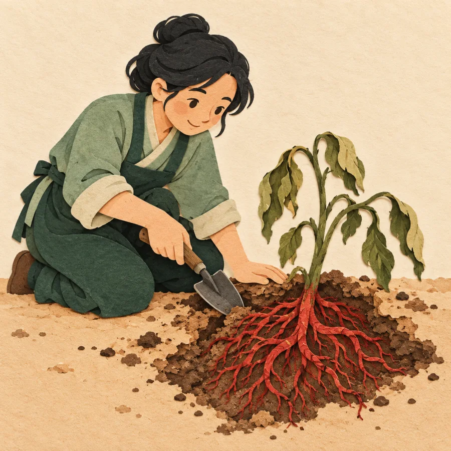 A person digs beside a wilting plant to reveal its root