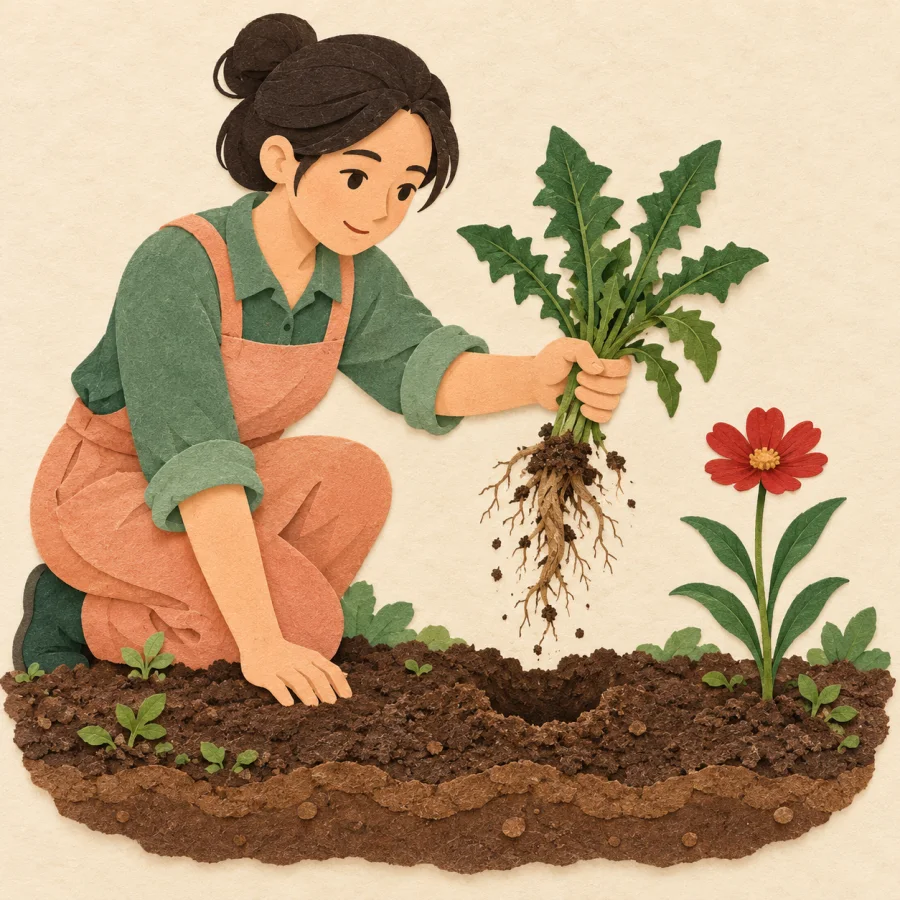 A person pulls a weed out with all its roots