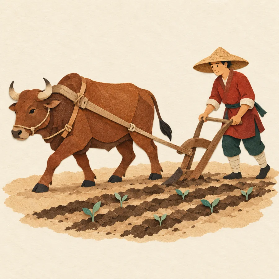A farmer leads an ox with a plough across a field