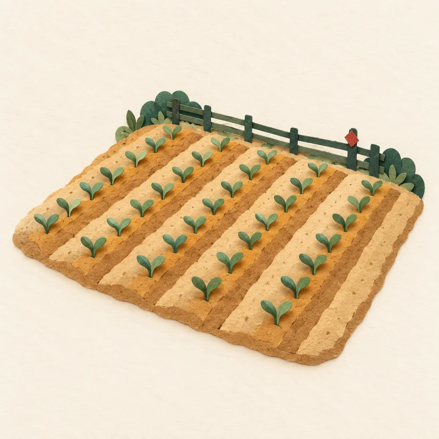 A wide furrowed field with green sprouts
