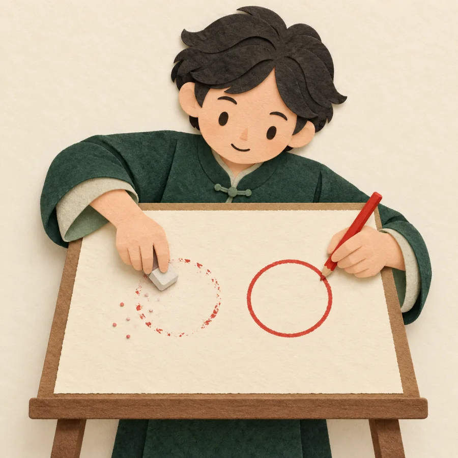A person erases a red circle on a board and redraws it