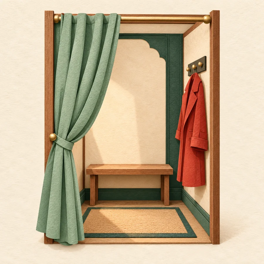 A small changing booth with an open curtain, a bench and a coat