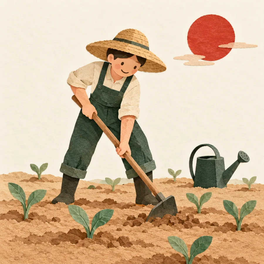 A person hoes a field in the sun beside a watering can