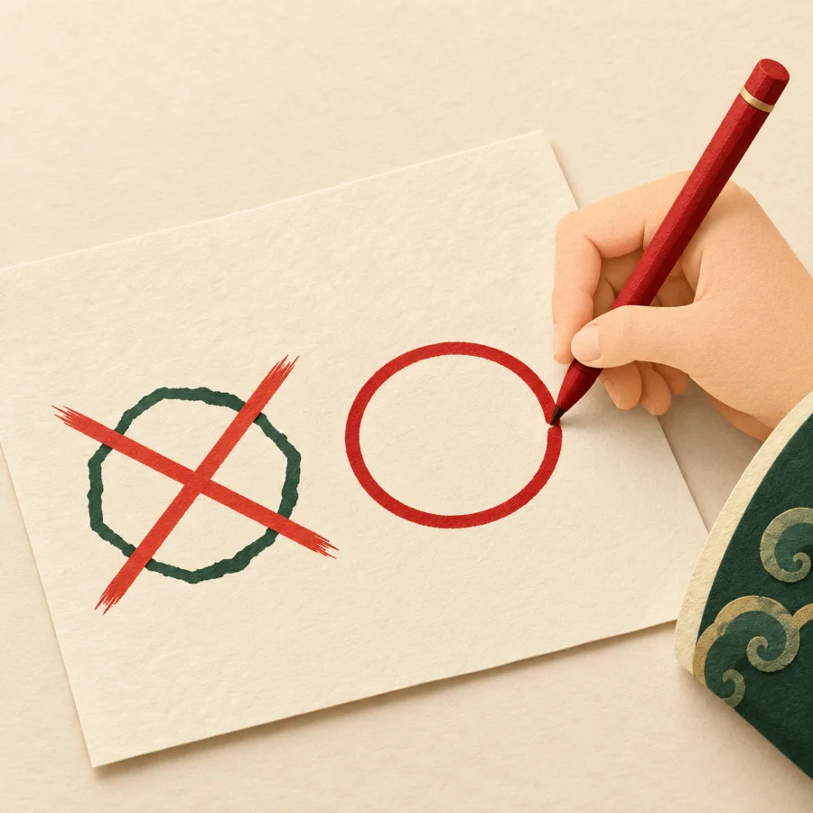 A person corrects a drawing on a sheet with a red pen
