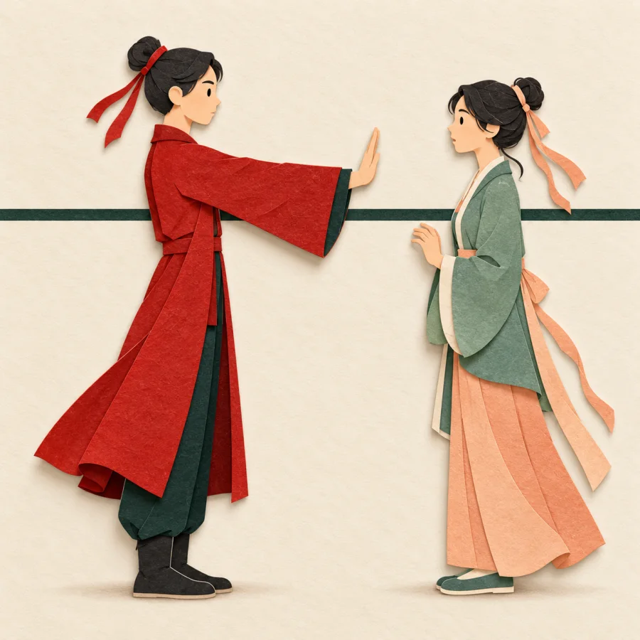A person in red stands squarely facing another with an open palm