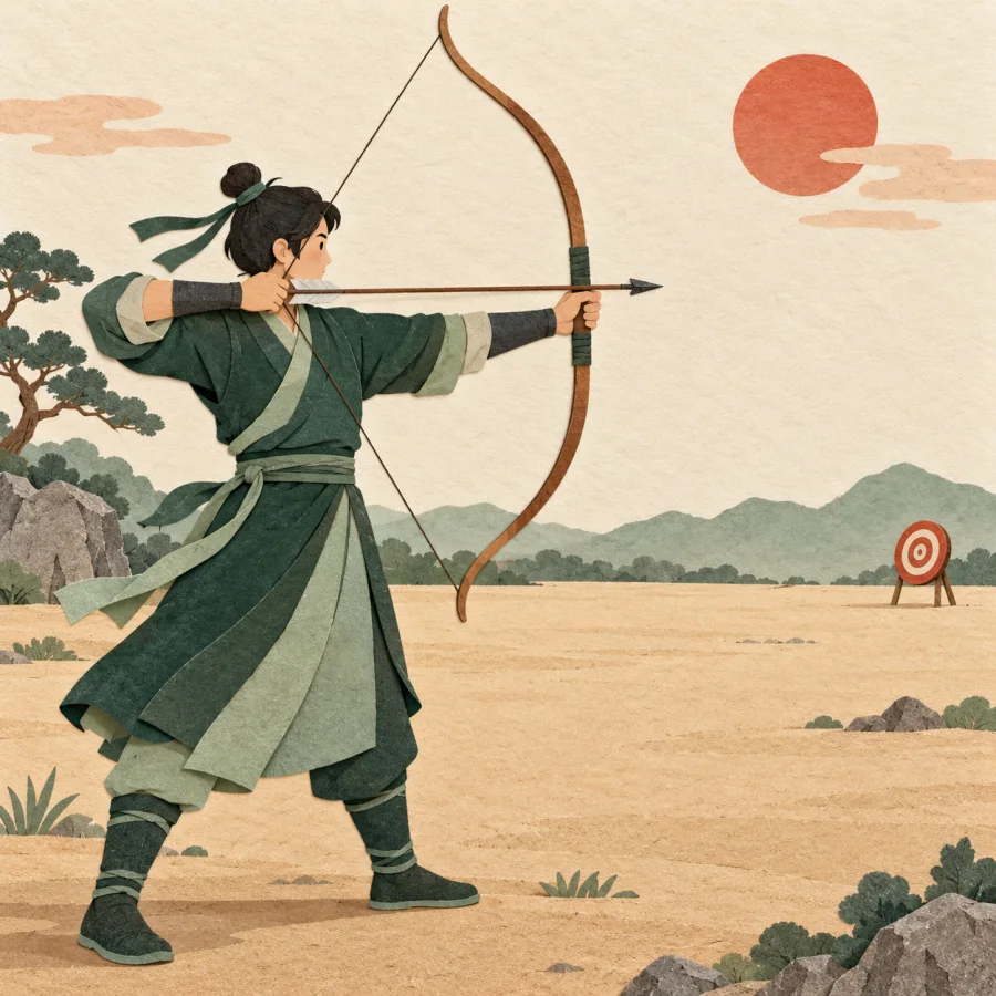 A person draws a bow aiming at a red target