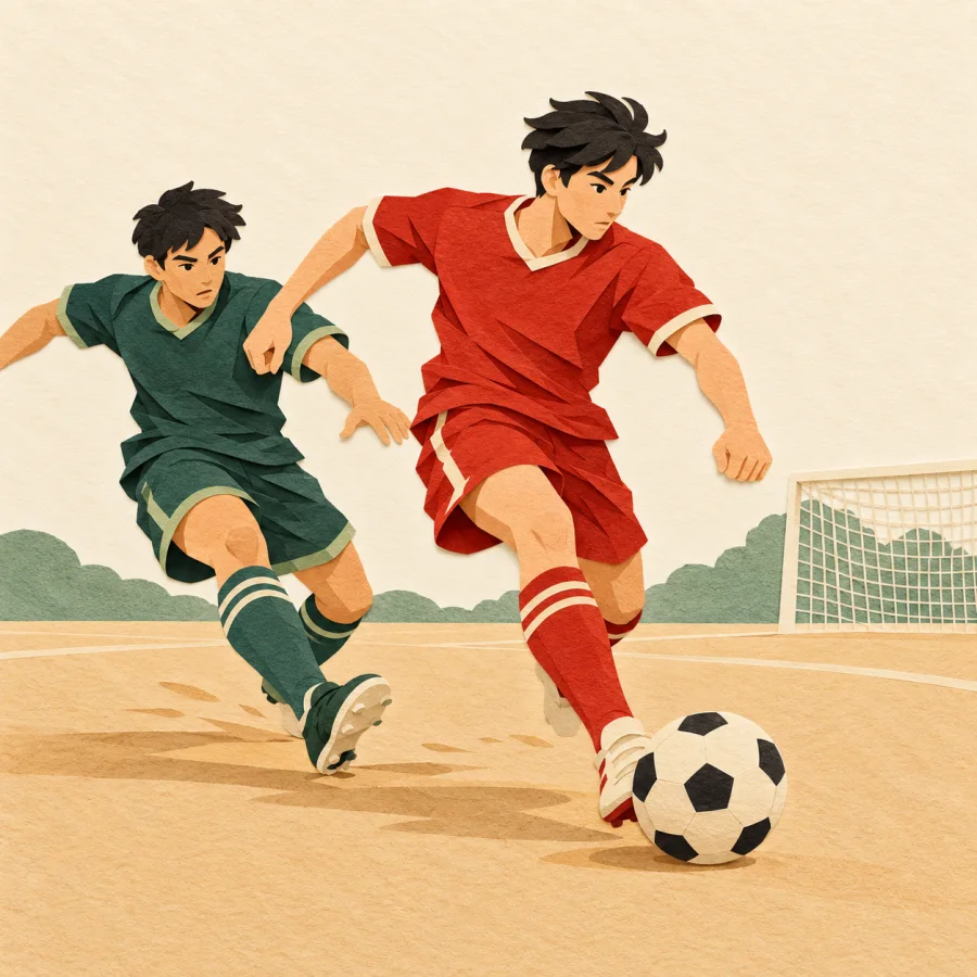 A player in a red jersey dribbles past a defender toward a goal