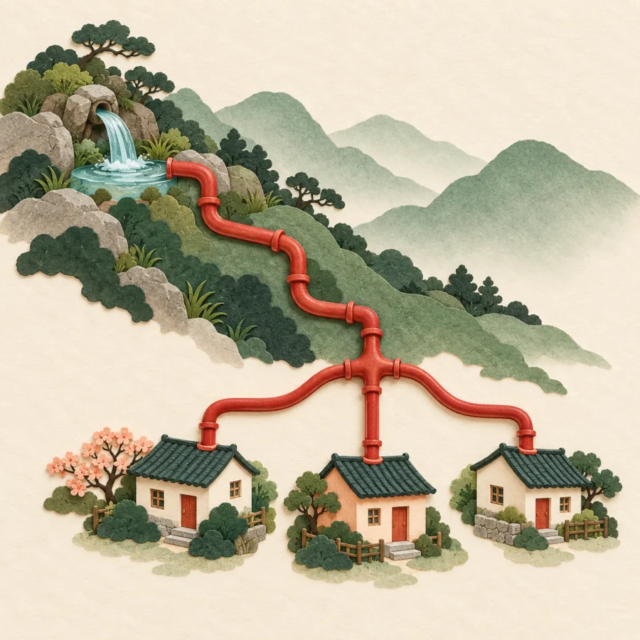 A red pipe carries spring water down to three small houses