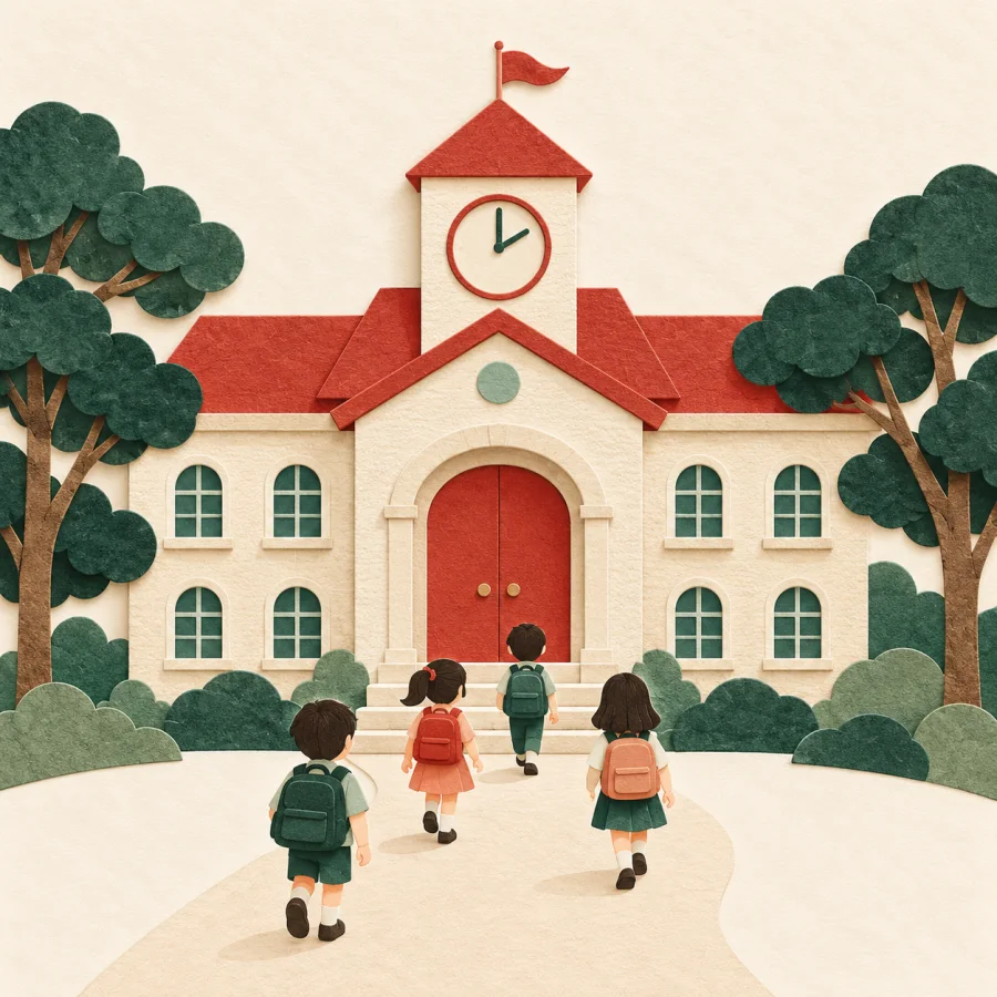 A school with a red door and a tower, children walking in