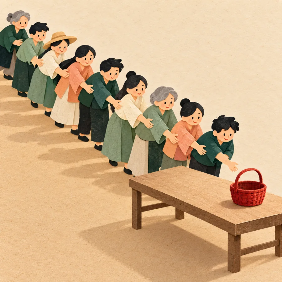 A line of people reaches toward a nearly empty market table