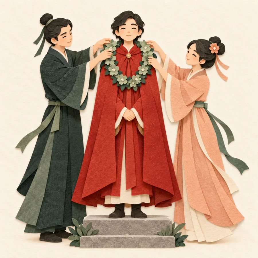 A garland of flowers is placed around a person while others cheer