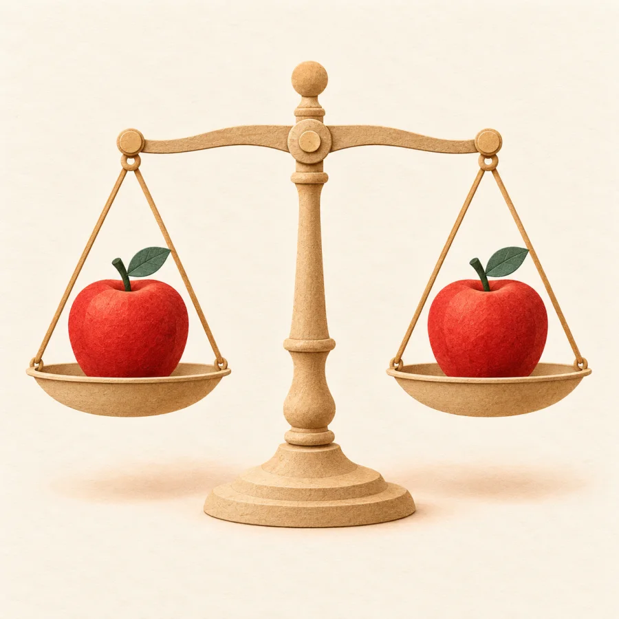 A level scale holding two equal apples