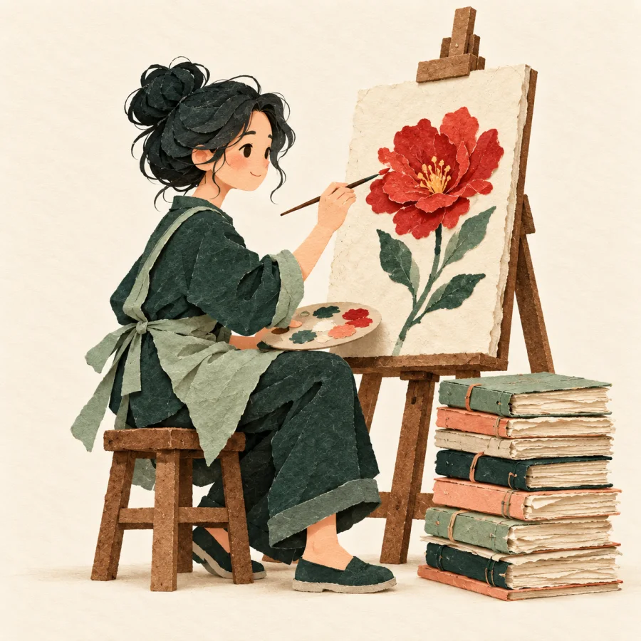 A painter at an easel beside a tall stack of sketchbooks