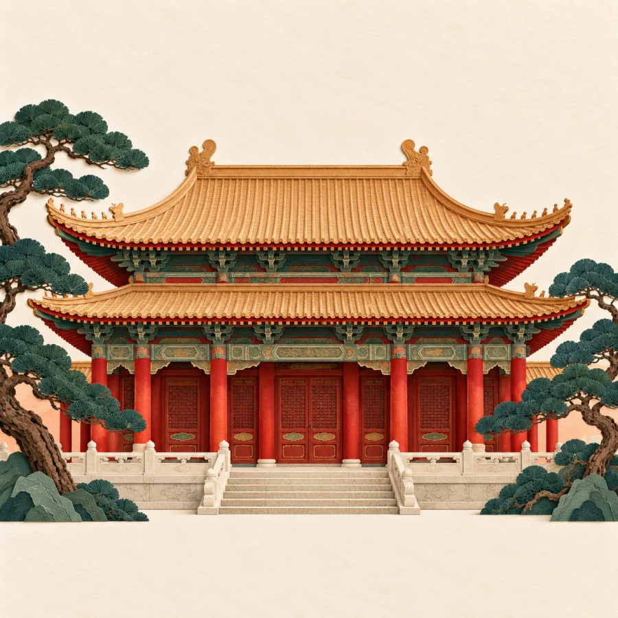 A palace with red pillars and a golden roof