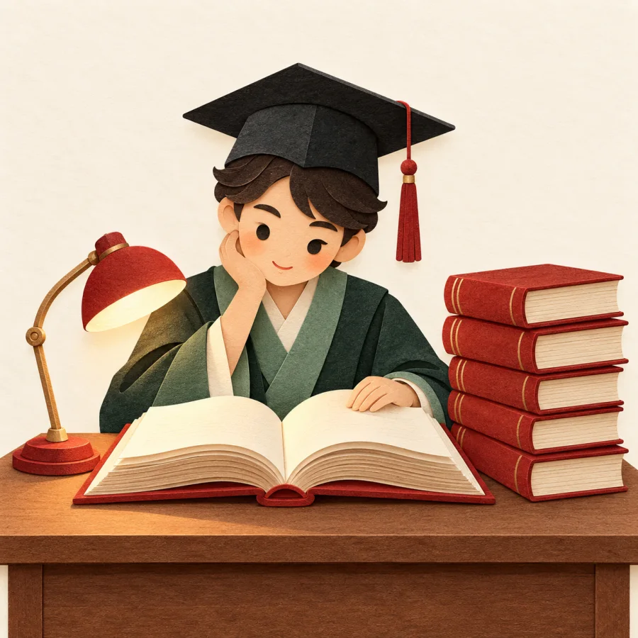 A person in a graduation cap reads a thick book by a lamp