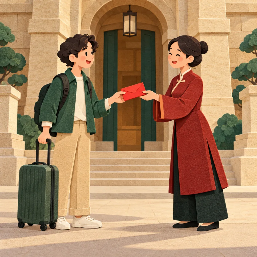 A student with a suitcase receives a red envelope by a building