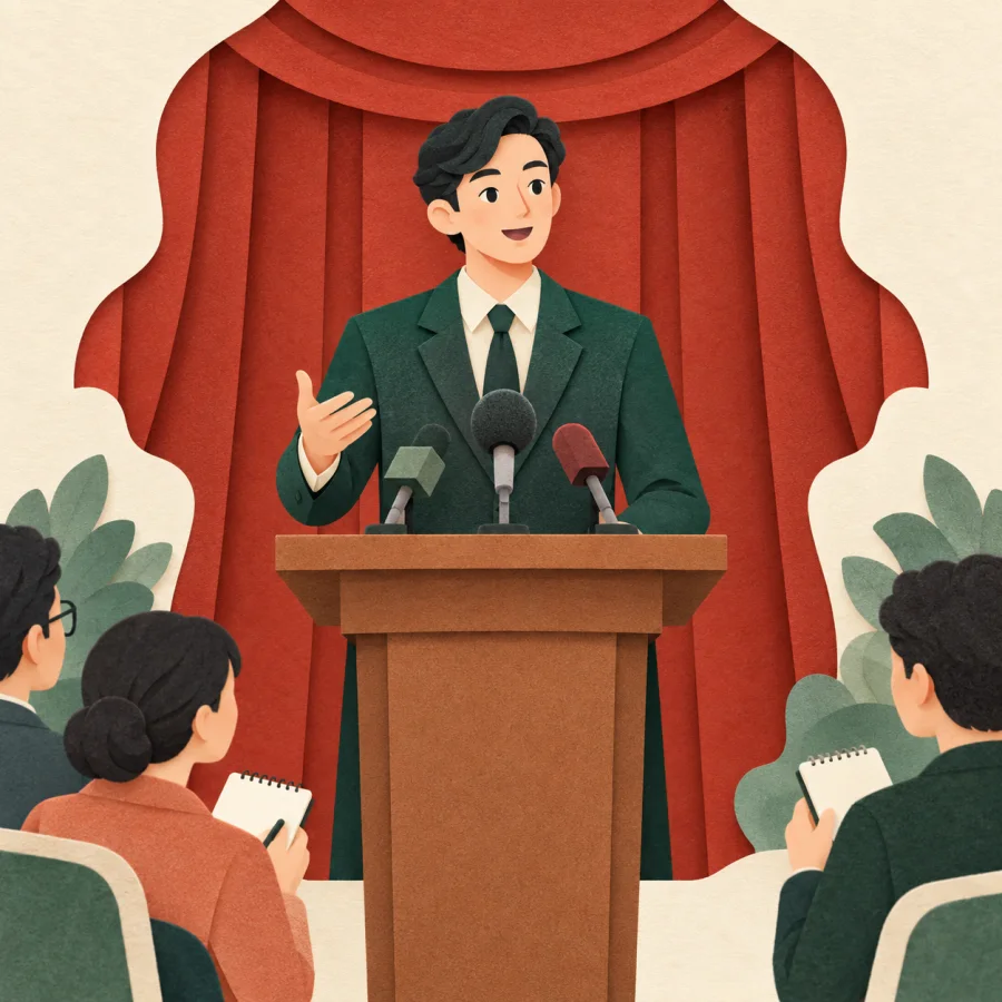 A person at a podium speaks into several microphones