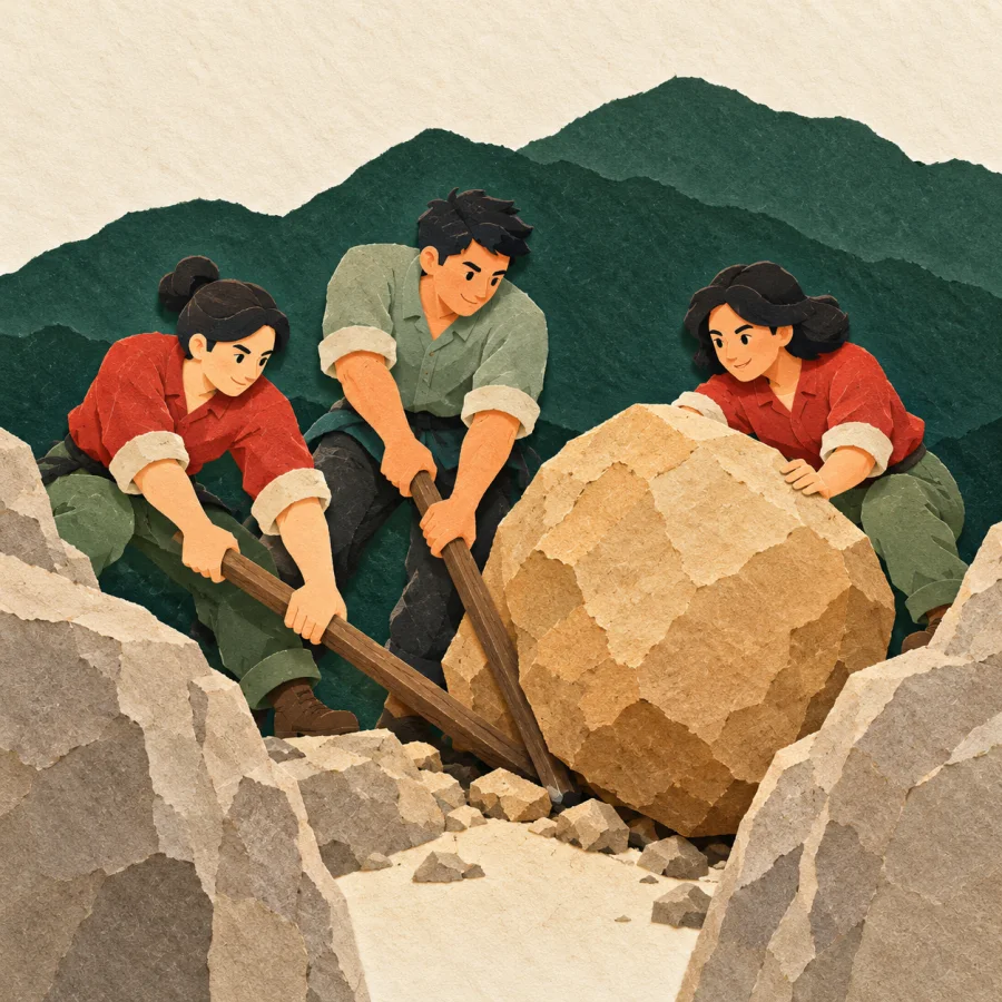 Three people together push a boulder out of a mountain gap