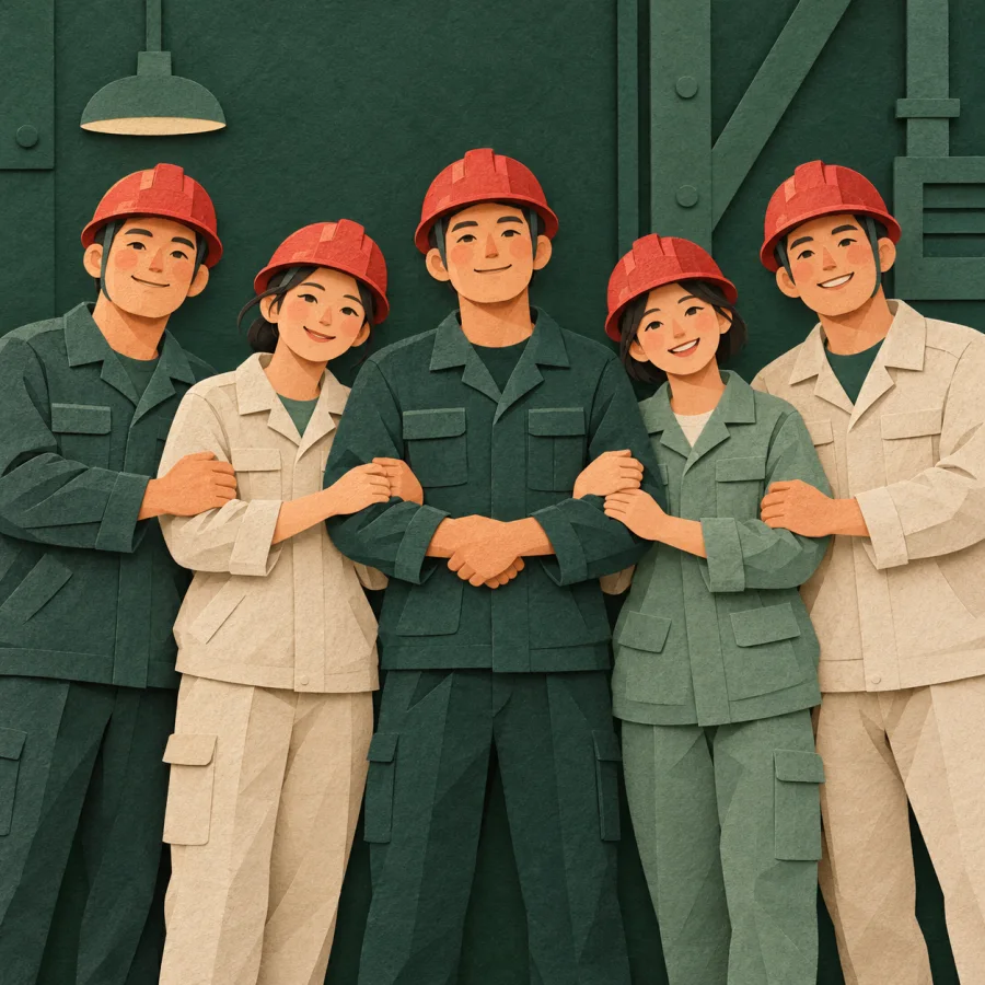 Workers in hard hats stand together arm in arm
