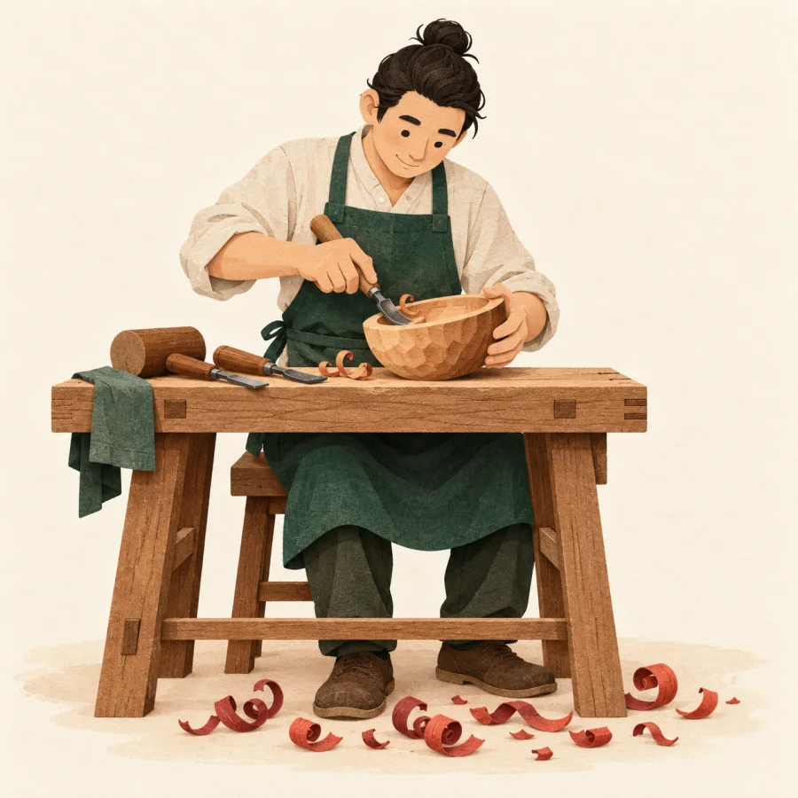 An artisan carves a wooden bowl at a workbench