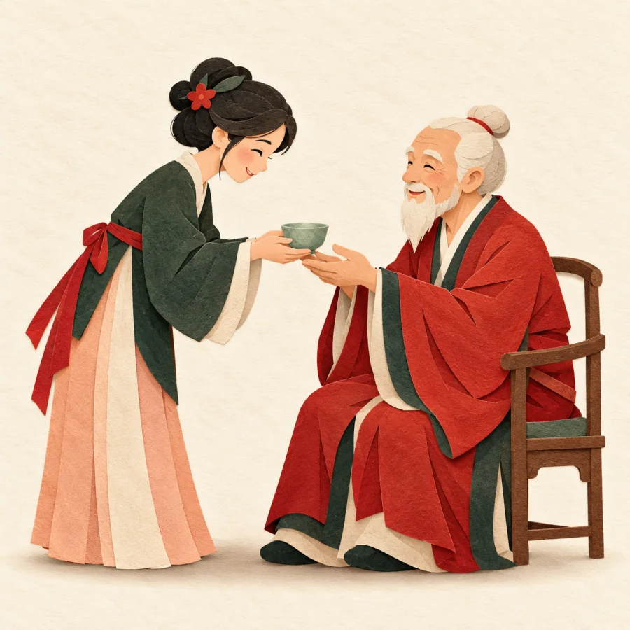 A person bows and offers a cup of tea with both hands