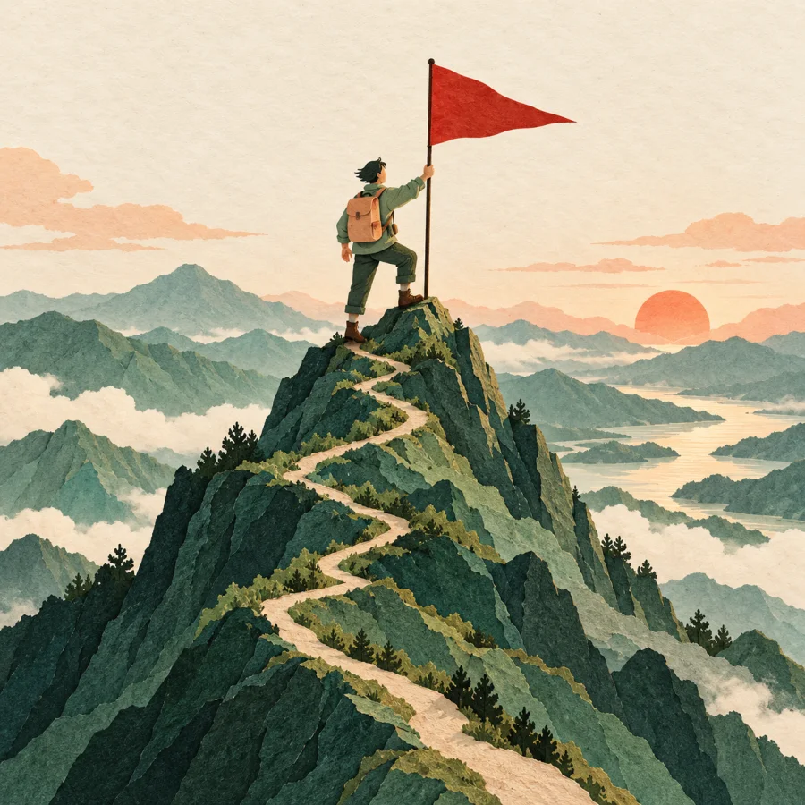 A person stands on a mountain peak with a red pennant