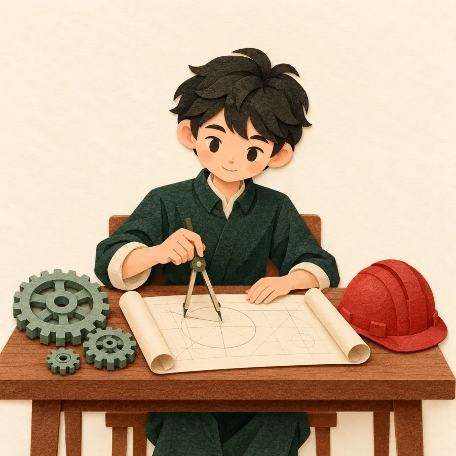 A student at a desk with gears, a blueprint and a compass