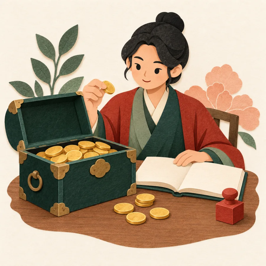 A person with a ledger counts coins from a shared strongbox