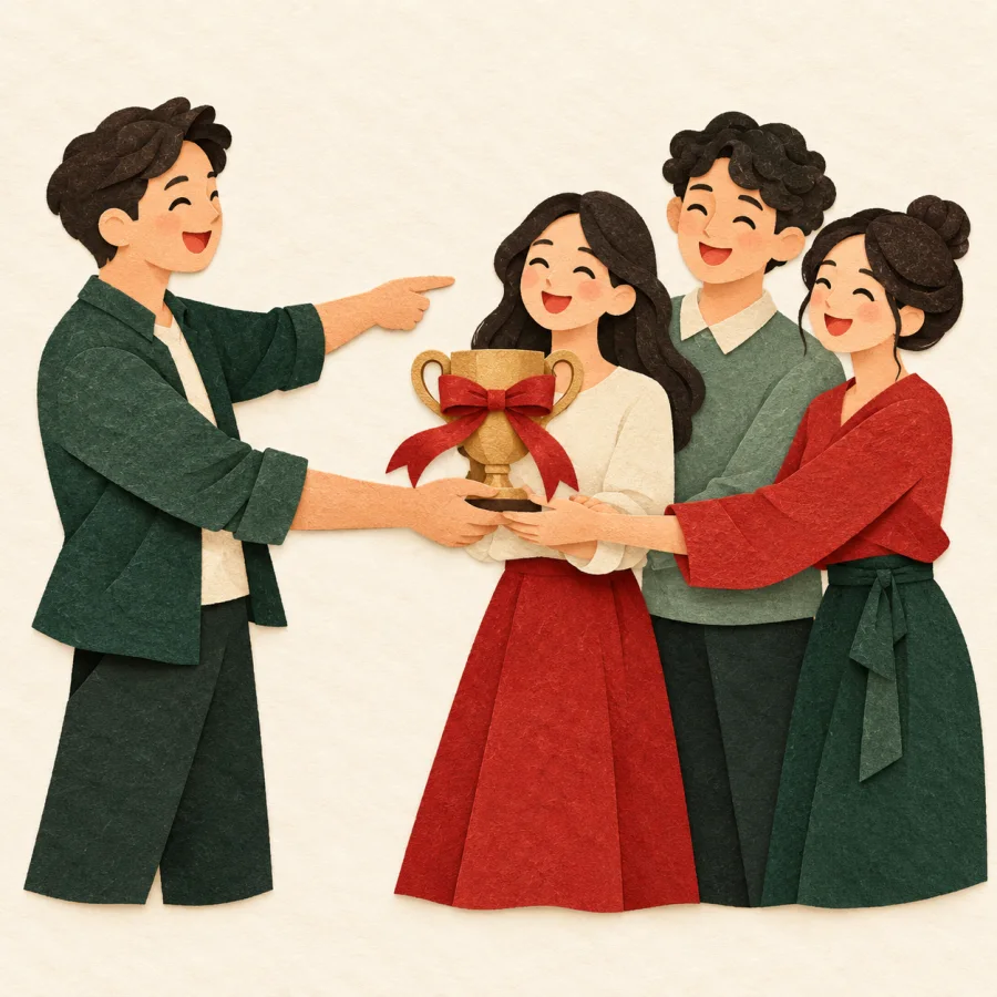 A person passes a red trophy to a group, pointing at them