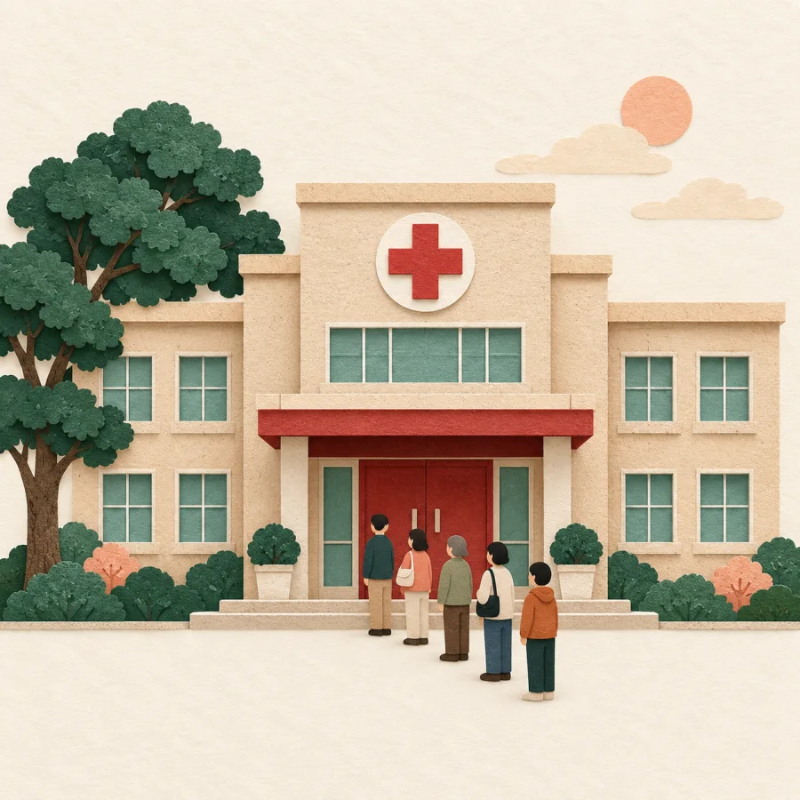 A queue at the entrance of a large hospital with a red door