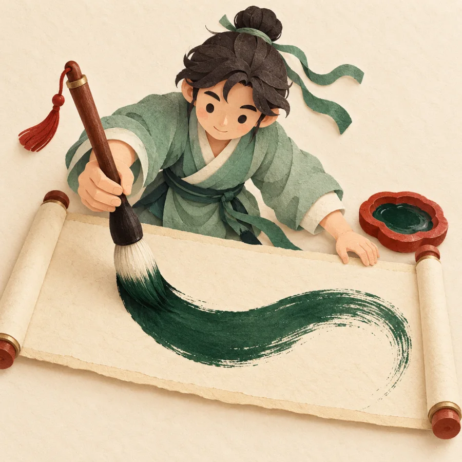 A calligrapher paints one confident green stroke on a scroll