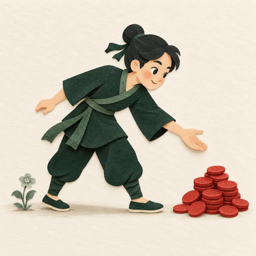 A person reaches for a pile of coins, ignoring a flower
