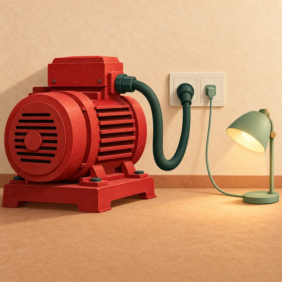 A big red machine and a small lamp by a wall socket