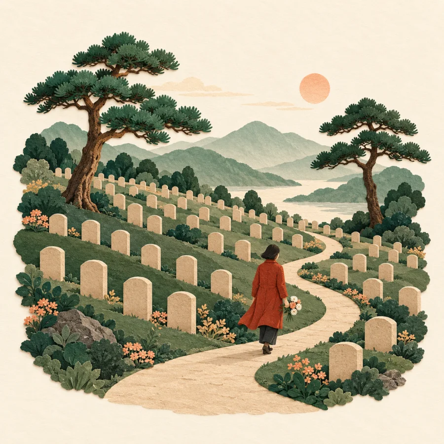 A quiet hillside with rows of stones, pines and a person with flowers