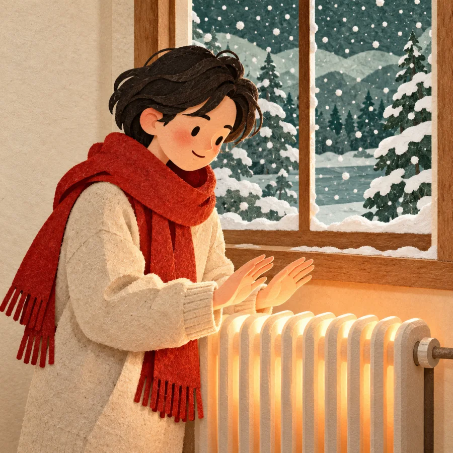 A person warms their hands at a radiator by a snowy window