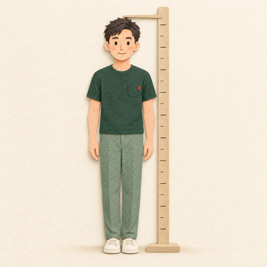 Boy ölçüm direğinin yanında duran biri