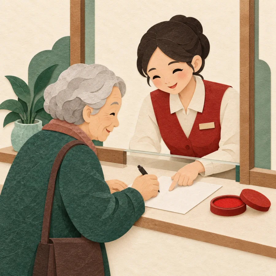 A clerk at a window helps an elderly person with a form
