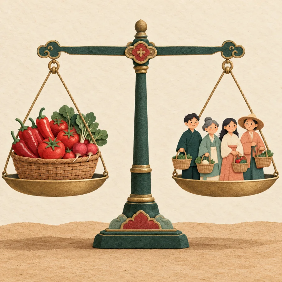 A level scale with a basket of vegetables and a crowd of shoppers