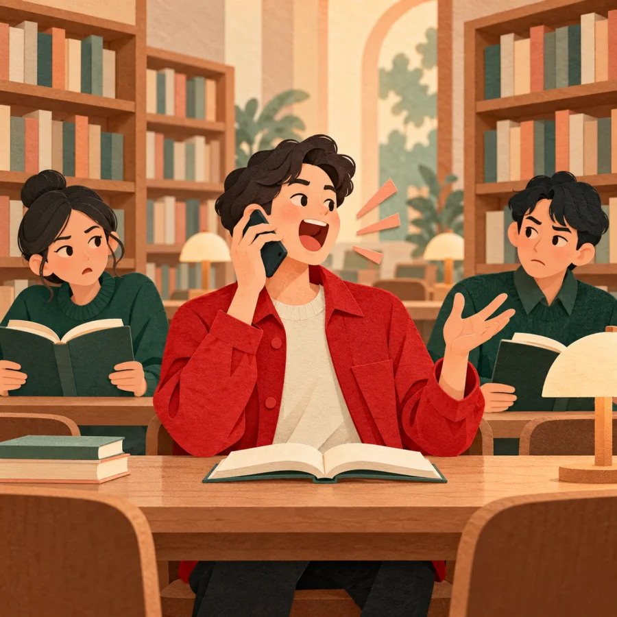 A person talks loudly on the phone in a quiet library