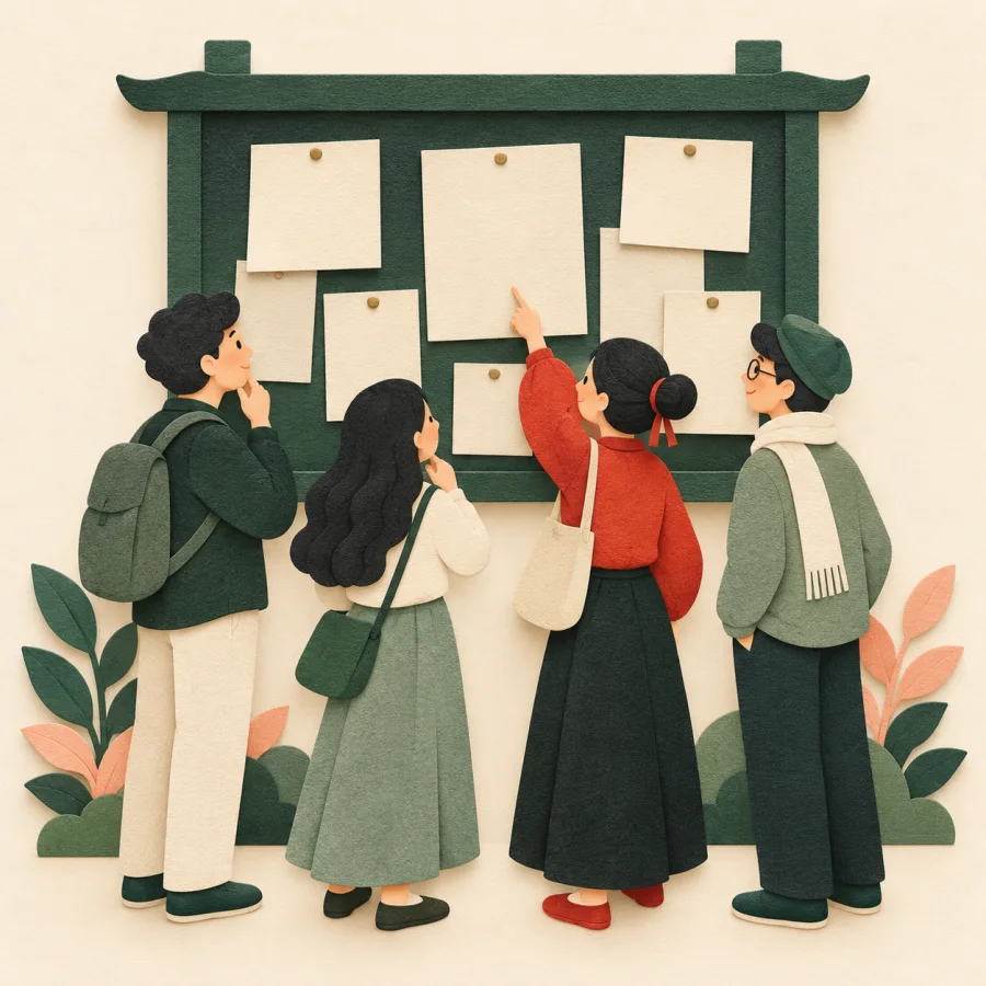 People read sheets on a notice board, one pointing at a sheet