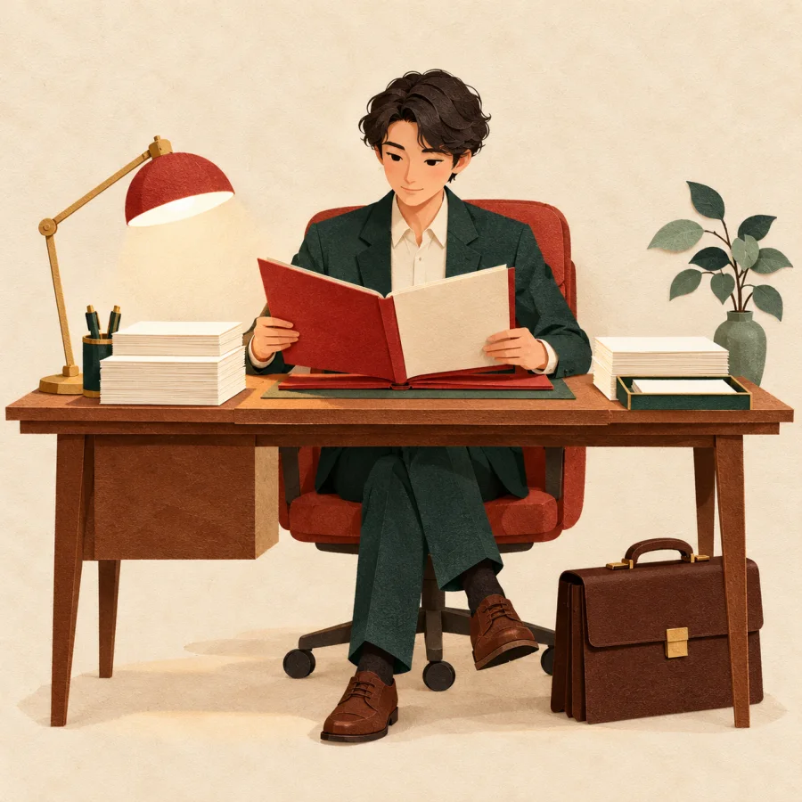A person with a briefcase and papers sits at a desk with a lamp