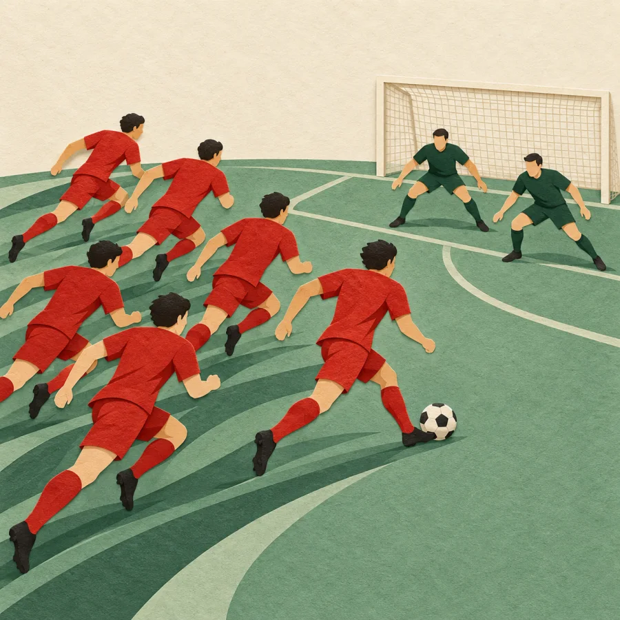 A wave of players in red rushes a goal with two defenders