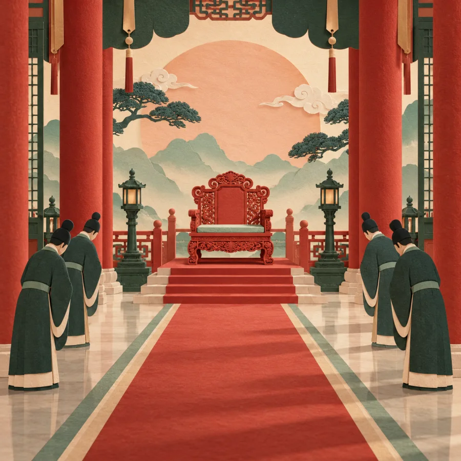Attendants in robes bow toward a carved chair in a long hall