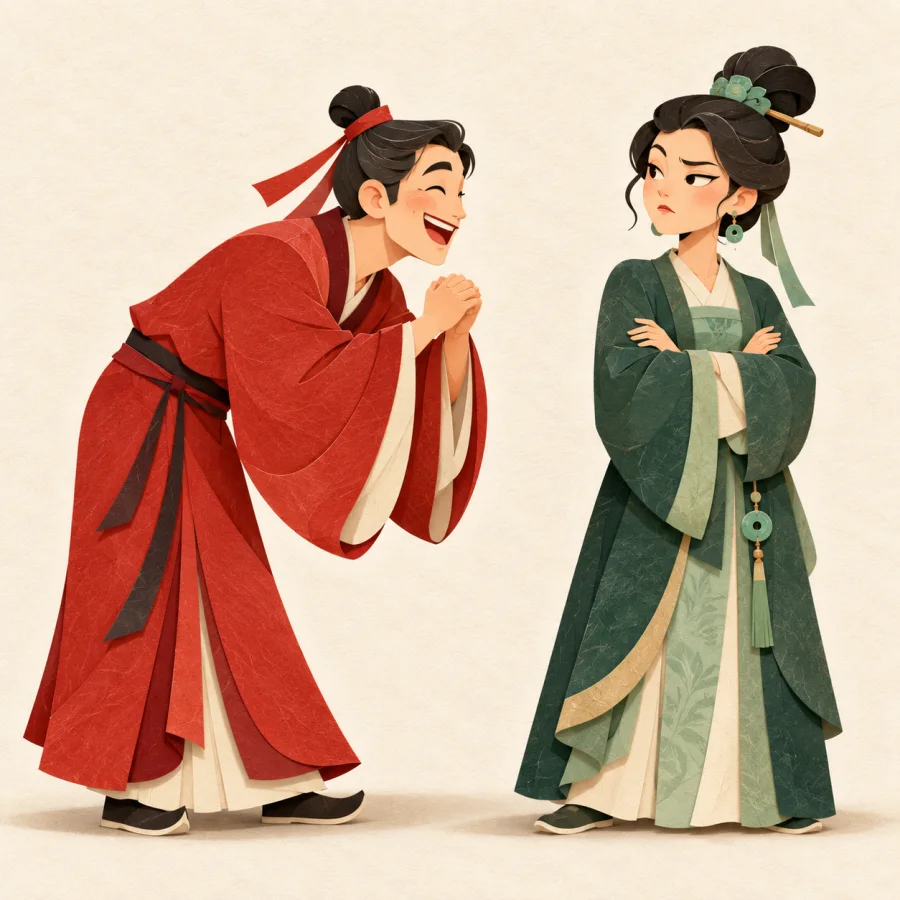 A person bows and smiles while the listener looks unimpressed