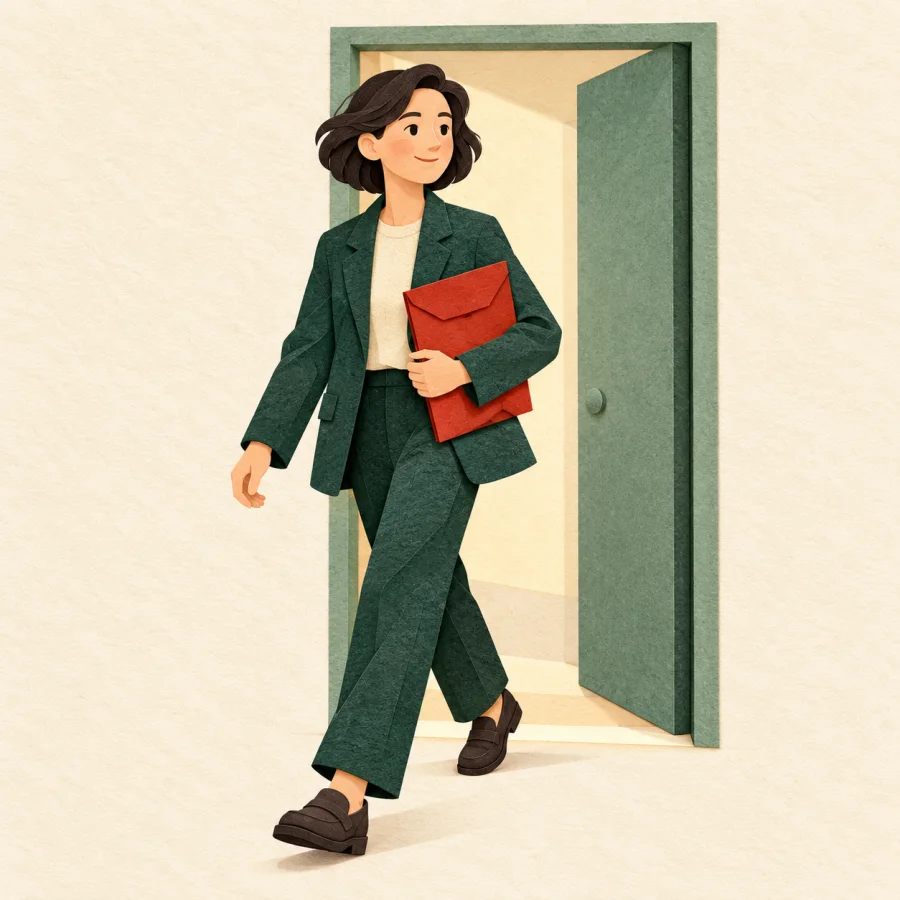 A person with a sealed folder steps out of an office door