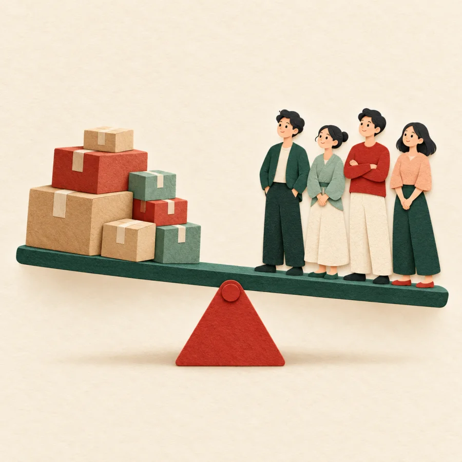 A seesaw with parcels on one end and waiting people on the other