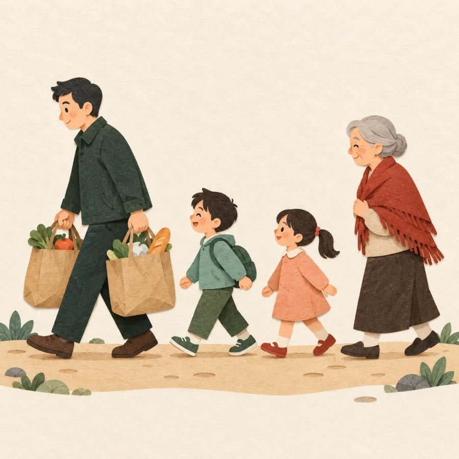 A person carries bags, followed by children and an elder