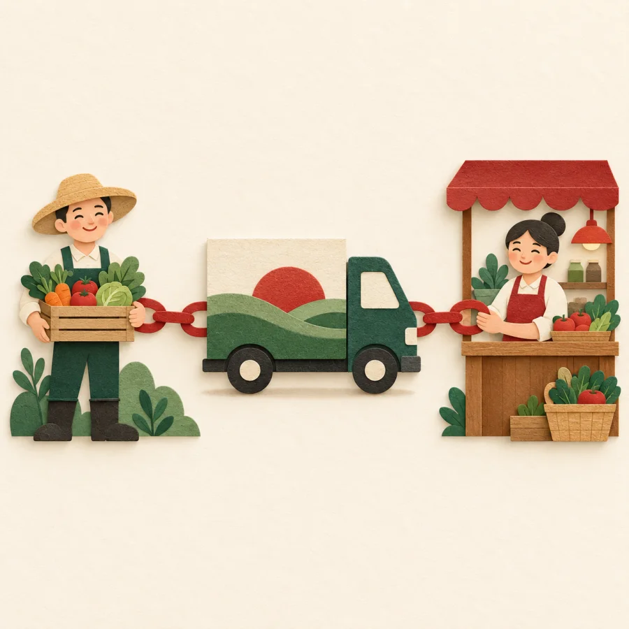 Three scenes joined by a red chain: farm, truck, shop