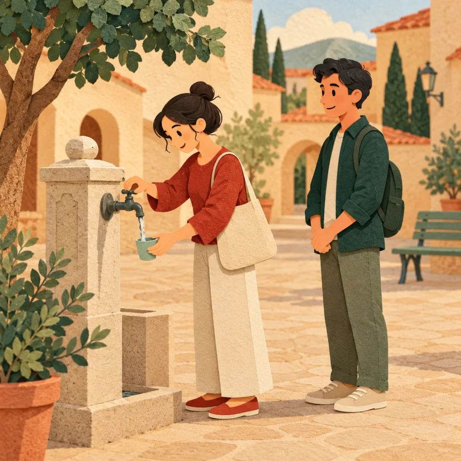 A person fills a cup at a shared tap while another waits